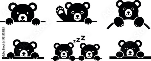 Flat design bear icon set six peeking waving and sleeping cubs front view close up paws bold silhouette simple composition