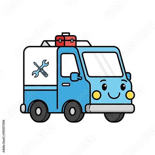 Cartoon Service Van with Tools and Equipment.