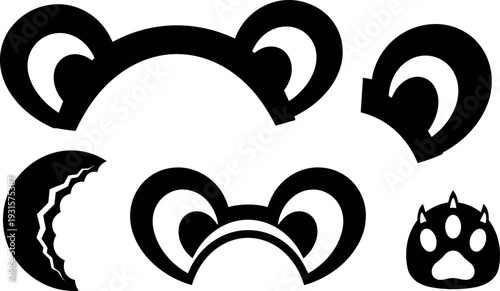 Flat design minimalist bear ear and paw icon set close up black silhouettes on white background bold graphic vector collection