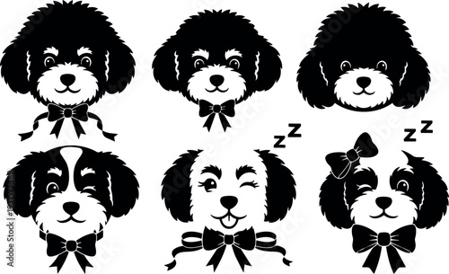 Flat design six poodle head icons front facing close up with bows winking sleeping smiling expressions black silhouette vector set