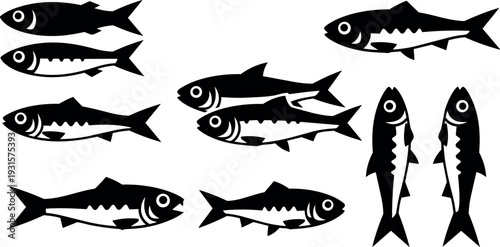 Flat design side view multiple sardine silhouettes arranged in rows and pairs vector icons black minimal sea food logo collection