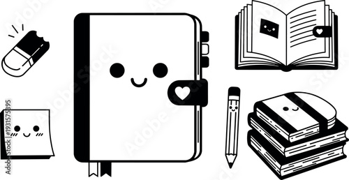 Flat kawaii vector set of smiling notebook pencil eraser sticky note open book and stacked books monochrome cute front view