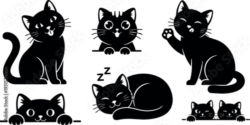 Flat design set of playful black cat silhouettes showing sitting waving sleeping peeking and pair icons for stickers and labels