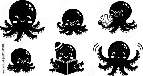 Cute minimalist vector octopus icon set six poses holding shell reading book waving tentacles happy expressions simple black silhouettes playful