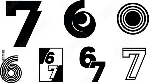Flat design geometric number six and seven logo variations black and white close up centered minimal bold stacked offset rotated