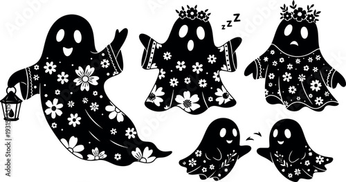 Flat vector floral ghosts wearing flower crowns holding lantern and waving playful cute halloween illustration with sleeping ghost smiling faces