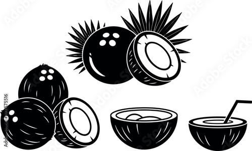 Woodcut style close up coconut halves and whole coconuts with straw and bowl overhead view isolated white background high contrast