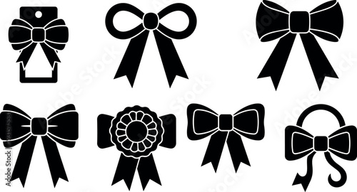 Flat design set of eight bow and ribbon icons black silhouettes front view tag rosette wreath vector minimal decorative ornament