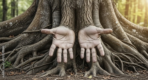 Open hands gently cradling the base of a large tree in a peaceful forest setting.