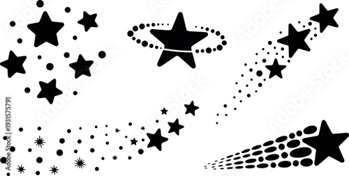 Flat design dotted shooting star silhouettes in multiple styles cluster trails isolated vector icons black on white background simple shapes