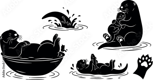 Silhouette vector otter family close up mother holding pup floating on water playful fish splash simple black white line art