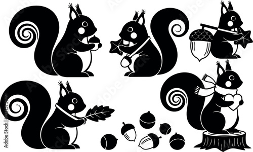 Flat design playful squirrel silhouettes holding acorns leaves and hearts arranged in decorative sticker sheet style whimsical black isolated vector