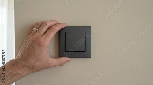 Man Holding Light Switch in hesitant mood at home interior