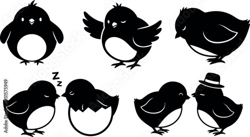Flat design vector cute chick silhouettes in various poses including hatching sleeping and wearing hat playful set on white background
