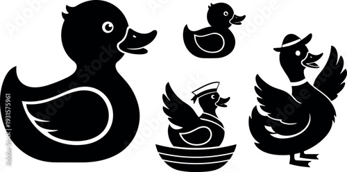 Flat design playful rubber duck family silhouettes showing different poses and accessories close up vector art black on white background