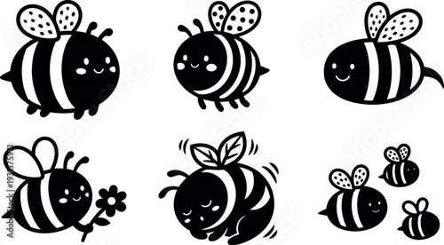 Flat design kawaii bumblebee icon set six playful angles smiling faces holding flower close up sleeping curled side view vector