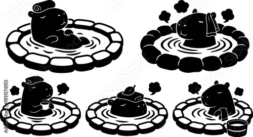 Minimalist vector silhouette capybara relaxing in onsen hot spring close up side view holding towel and wooden bucket serene steam