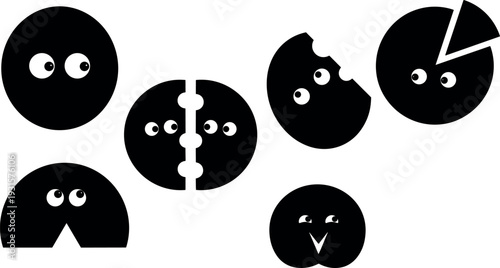 Flat design playful circle character icon set with peeking eyes bitten cookie slice hinged cookie and wedge pie shapes minimal