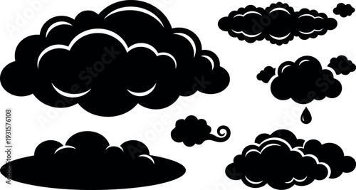 Flat design cloud silhouette set multiple stylized storm and rain cloud various shapes isolated vector icons black on white simple