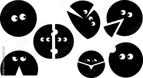 Flat design close up playful cookie faces set with bites wedges peeking eyes various expressions on white background minimal silhouette