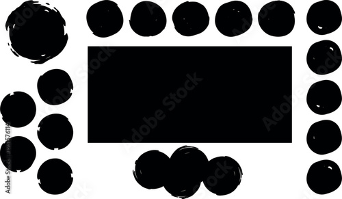 Brush ink grunge frame with circular stamp elements surrounding a horizontal rectangle placeholder in flat vector layout bold minimalist monochrome