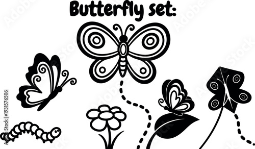 Vector line art butterfly set with whimsical flower caterpillar and dotted flight paths isolated icons in flat style black silhouette