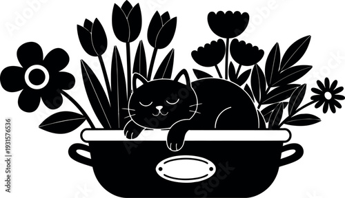 Flat design sleeping black cat in a planter with tulips daisies and leaves close up profile view soft calm silhouette