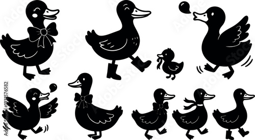 Flat design close up of smiling mother duck wearing bow and boots walking with duckling in playful parade style composition
