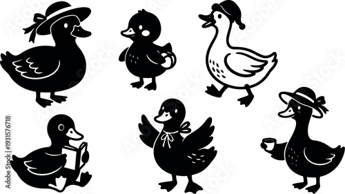 Flat design charming duck family set wearing hats holding cup and book smiling in playful poses on white background cute