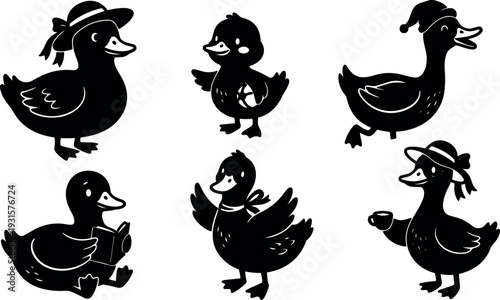Silhouette vector collection of six playful ducks wearing hats reading holding cup walking looking up with one chick smiling happy