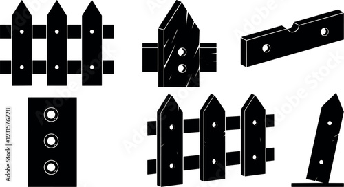 Flat design vector of detached wooden picket fence planks and connector bracket close up with visible screw holes black silhouette