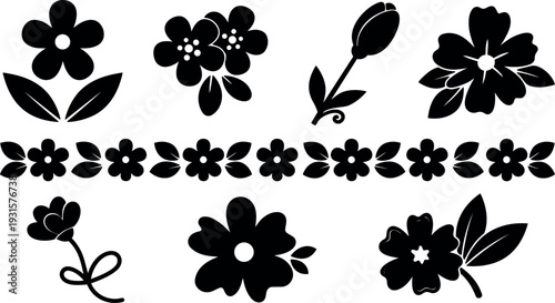 Flat design floral silhouette set with repeated flower border and varied blossom icons leaves tulip bud close up simple composition