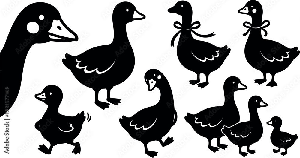 Fototapeta premium Flat design silhouette ducks and goslings set various poses close up head profile walking standing ribbon bow accents vector art