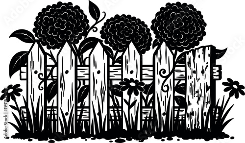 Line art rustic wooden picket fence with hydrangea flowers and daisies close up garden foreground high contrast silhouette vector