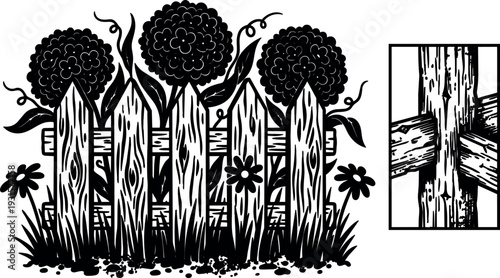 Woodcut style close up picket fence with carved wood texture and blooming round flowers in grassy garden side view scene
