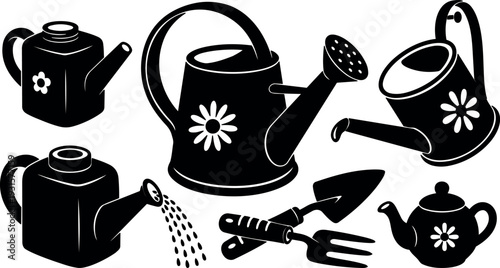 Flat design black watering can and garden tools collection close up silhouettes with daisy motifs arranged on clean white background