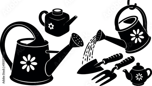 Flat design close up watering can pouring water with garden trowel and fork black silhouette floral motif rustic gardening illustration