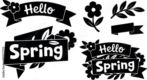 Flat design close up hello spring ribbon banner with flowers leaves layered composition on white background cheerful vector graphic illustration