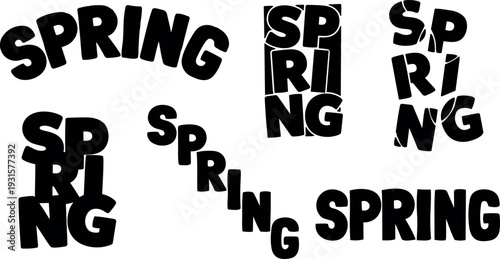 Flat design bold typographic spring word variations in black multiple layouts playful stacked and curved compositions close up isolated vector