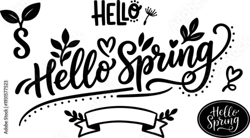 Hand lettering floral hello spring word art with leaves ribbon banner decorative swirls black and white vector calligraphy ornamental playful