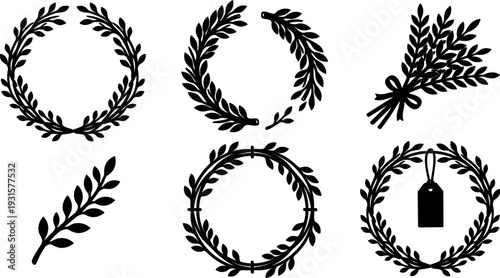 Flat design laurel wreath collection six variations close up botanical wreaths tag and bouquet silhouettes elegant minimal vector black circular