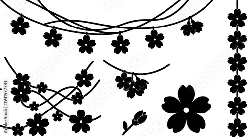 Minimalist silhouette cherry blossom garland vector set with hanging branches close up horizontal layout spring floral mood elegant simple decorative