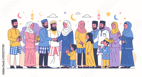 Diverse Muslim community gathering together.