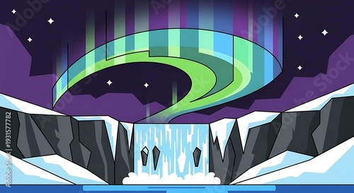 Vibrant Aurora Borealis Over a Frozen Waterfall Landscape.
