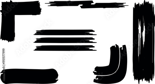 Grunge brush stroke vector set showing corner bracket horizontal bars rounded swash and tall vertical ink mark minimal