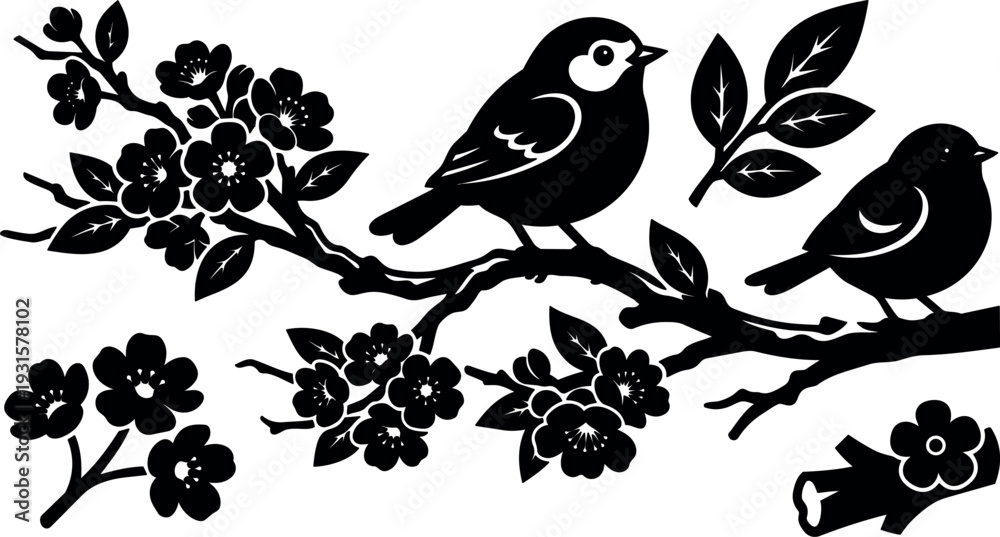 Fototapeta premium Silhouette vector two songbirds perched on flowering cherry branch close up calm spring composition black ink cutout ornamental floral design