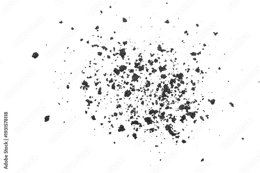 Fototapeta premium Fresh pieces of asphalt scattered, isolated on white background, top view, design element, clipping