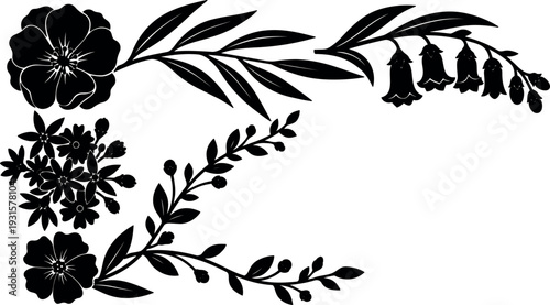 Silhouette floral corner ornament vector art with bellflower cluster leaves and blossom sprigs arranged in decorative corner layout black minimal