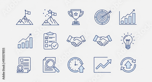 A collection of business and success related line icons.