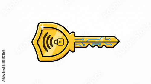 Cartoon golden key used for secure access and authentication